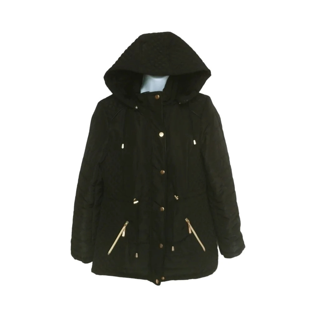 Le  Grenier Quilted Hooded Wind/Water Resistant Coat with Gold Metal Accents M
